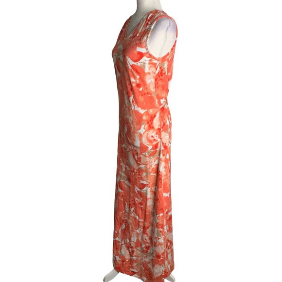Denim Co Sleeveless Maxi Dress XXS Orange Floral V Neck Waist Tie Stretch - Picture 3 of 6